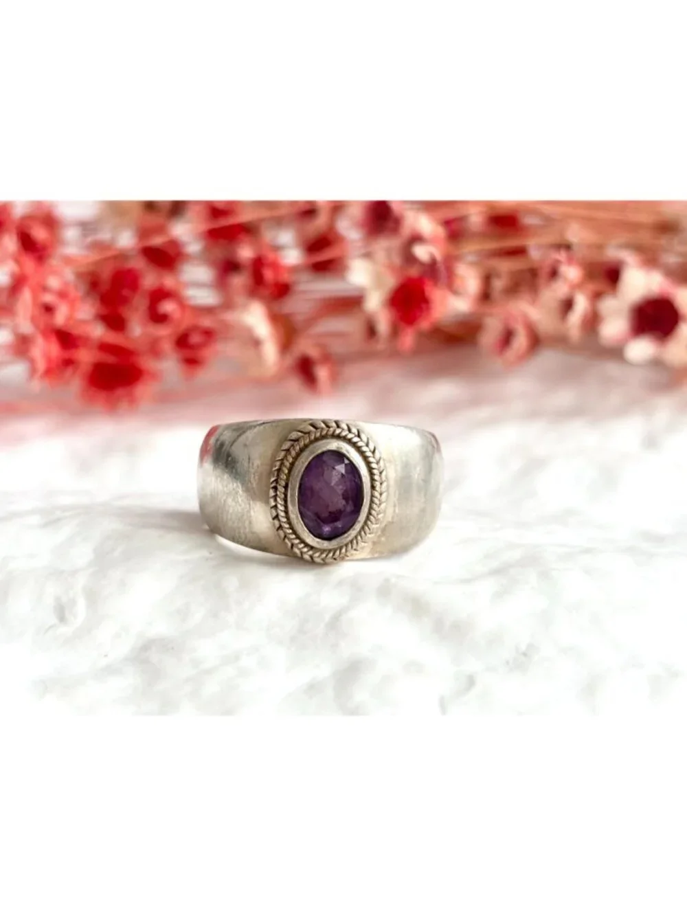 Solitaire Amethyst Gemstone Rope Framed Sterling Silver 925 Vintage Ring sz 7.5